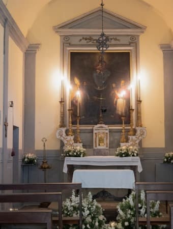 An elegant ballroom setup for a wedding.