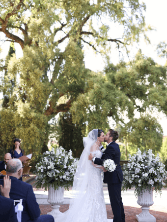 An elegant, outdoor wedding setup.